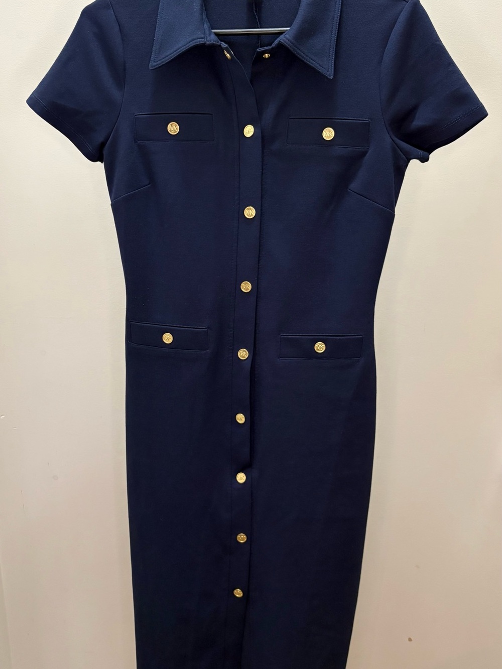 Michael Kors Navy Midi Shirt Dress with Gold Buttons